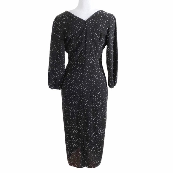 Zara BLACK WHITE POLKA DOT LACE UP RUCHED HALF SLEEVE MIDI DRESS - S - Picture 3 of 13